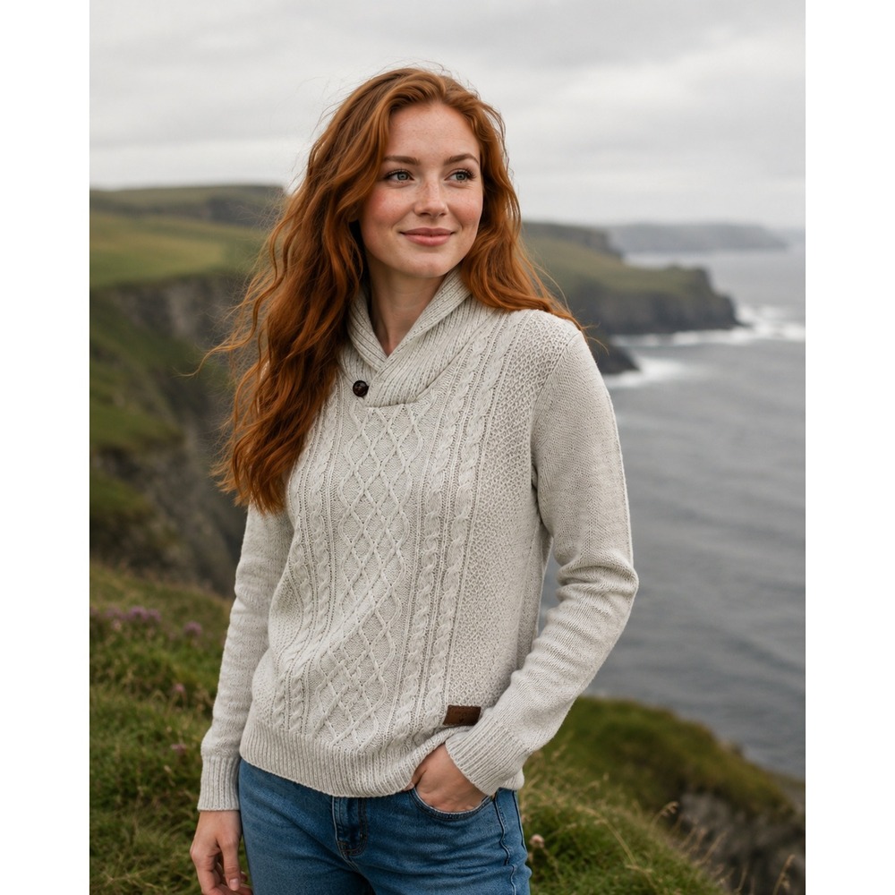 Emerald Isle Womens Wool Blend Cream Killarney Shawl Neck Cable‎ Knit Sweater